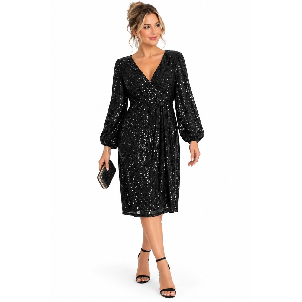 Petal Dew Black Sequin V-Neck Bishop Sleeve Midi Dress M Holiday Formal Gala